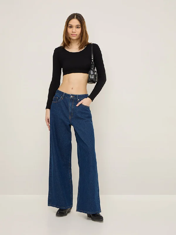 Nuon Dark Blue Wide Leg - Fit Mid - Rise Jeans Comfortable Boyfriend Jeans