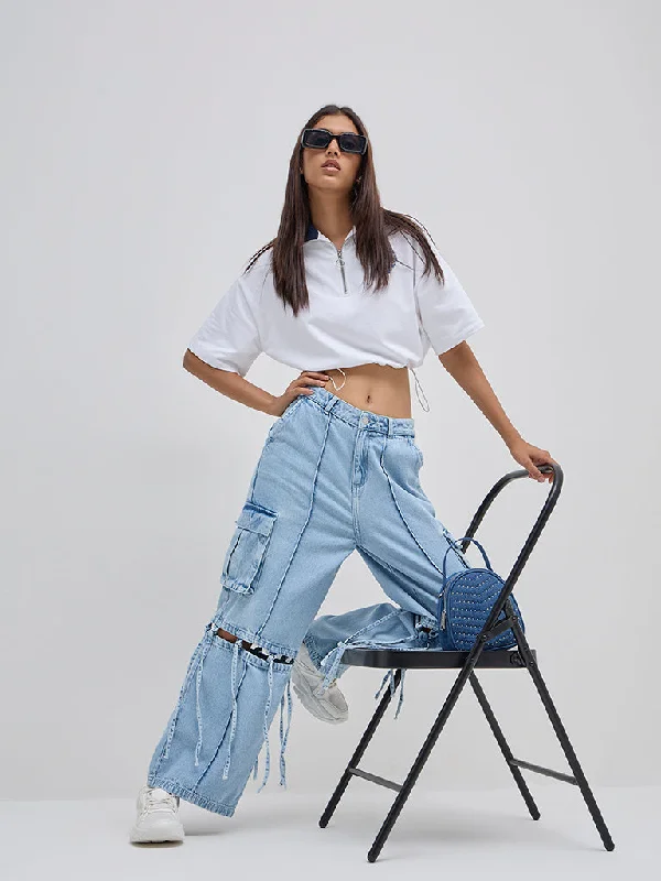 Nuon Light Blue  Cargo-Style Relaxed - Fit High - Rise Jeans Comfortable Straight-Legged Denim