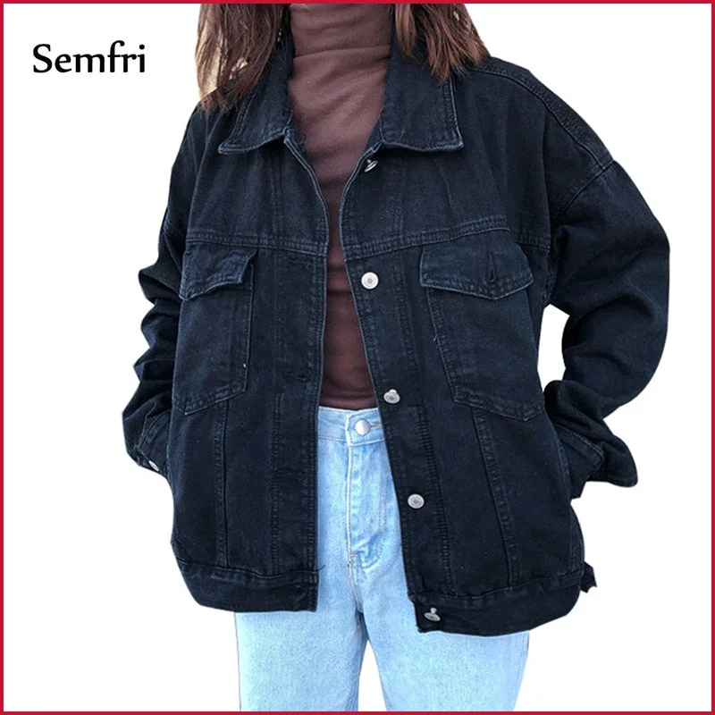 Semfri Jaqueta Jeans 2019 Jeans Preto das Mulheres Blusão Jaqueta Casaco de Inverno Outono Harajuku Streetwear Ocasional Bolsos Soltos alta qualidade de vestuário de moda coreana BF moda casacos soltos Comfortable Dark Wash Jeans