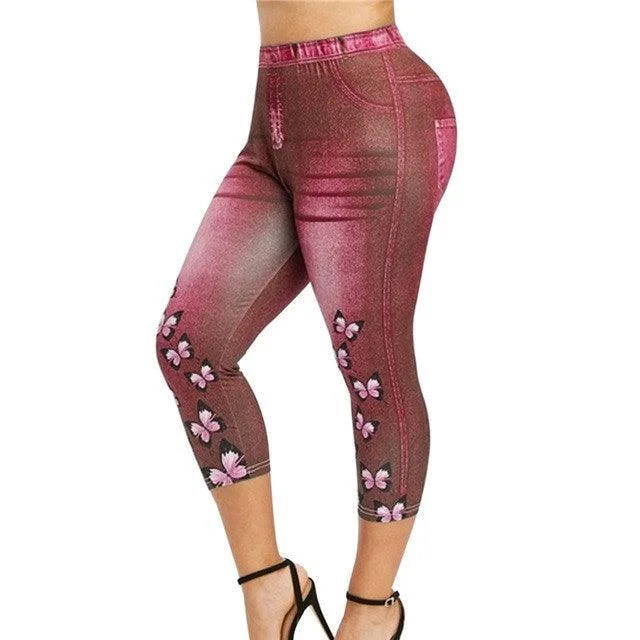 Women Mid-Calf Leggings Imitate Jeans Printed Stretch Elegant Raw Hem Jeans