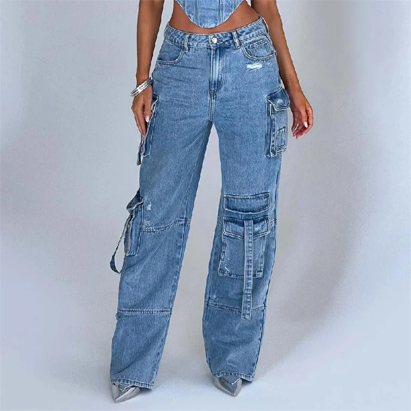 Women's American-style Low Waist Three-dimensional Pocket Stitching Jeans Casual Distressed Denim Jeans