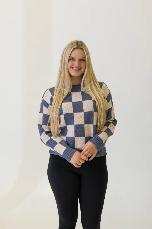 Caroline Checkered Sweater | Blue Herringbone Houndstooth Plaid