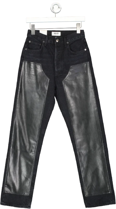 AGOLDE Black Ryder Jeans With Leather Panels W25 Chic Double Waistband Jeans