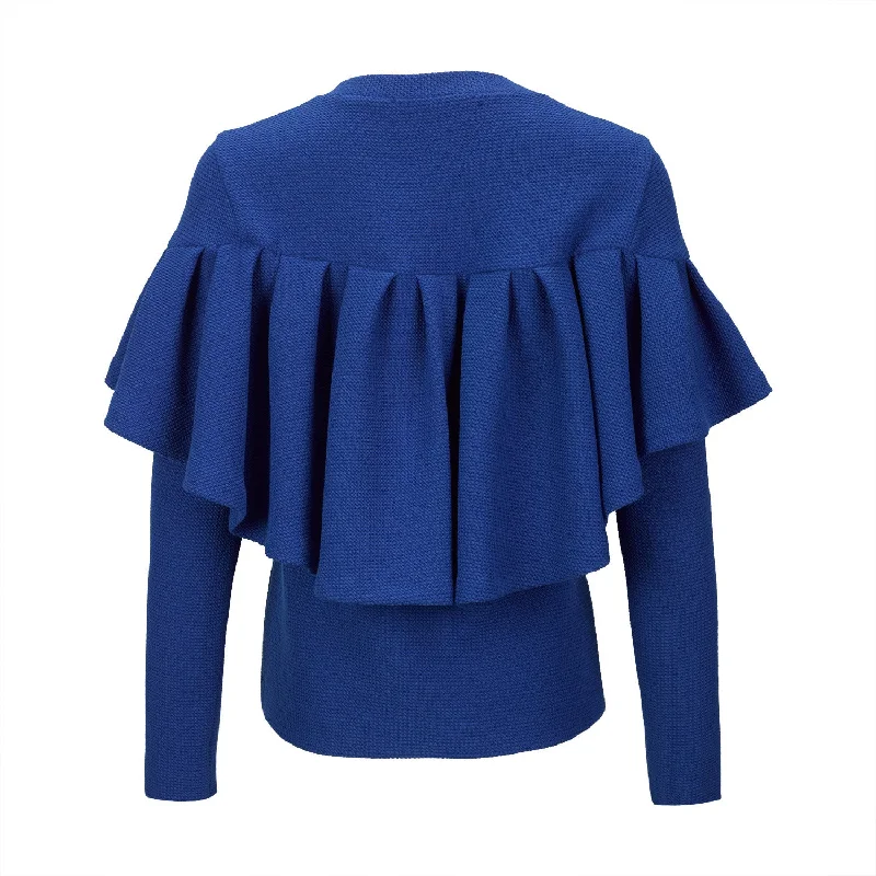 Blue Knitted Sweater with Frill Glossy Satin Silk