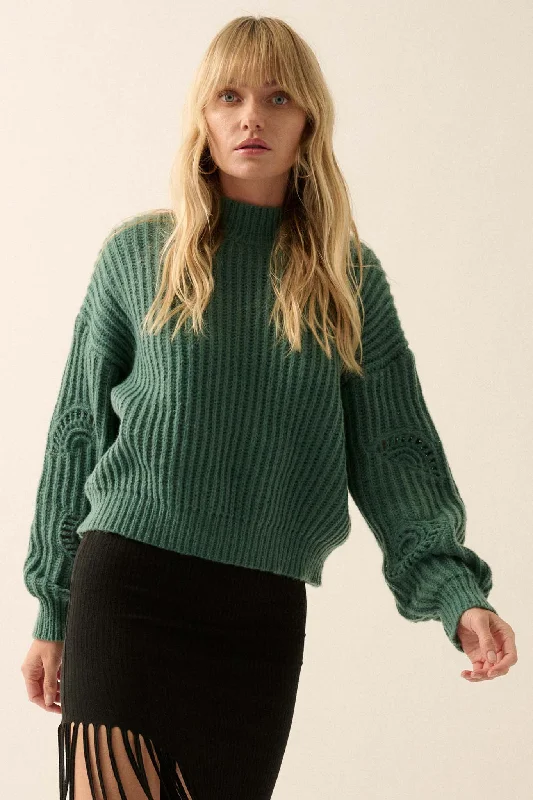 By the Seashore Pointelle Detail Rib-Knit Sweater Neon Metallic Matte