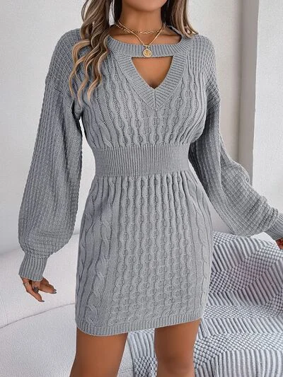 Cable-Knit Cutout Round Neck Slit Sweater Sequined Glittery Shiny