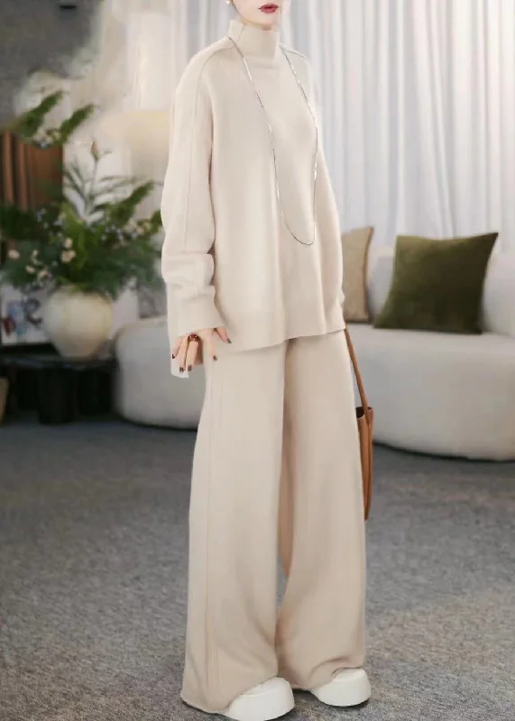 Casual Beige Turtleneck Cotton Knit Sweaters And Wide Leg Pants Two Pieces Set Winter Velvet Chenille Corduroy