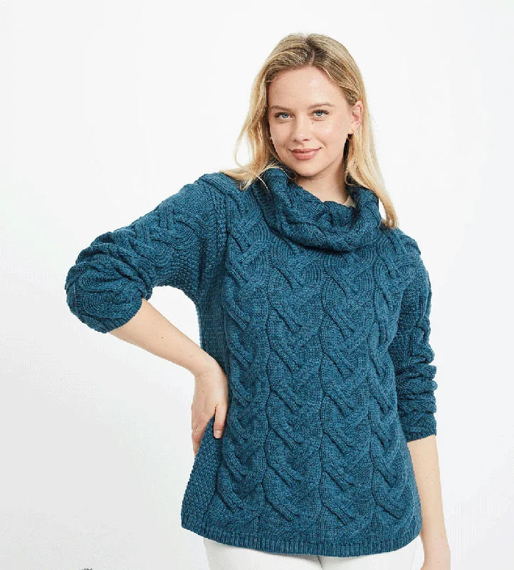 Ladies Chunky Cable Cowl Sweater - MARL BLUE Long Sweater Short Sweater Cropped Sweater