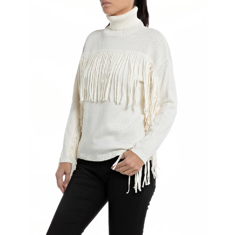 Replay Women's High Neck Sweater with Fringes Glossy Satin Silk