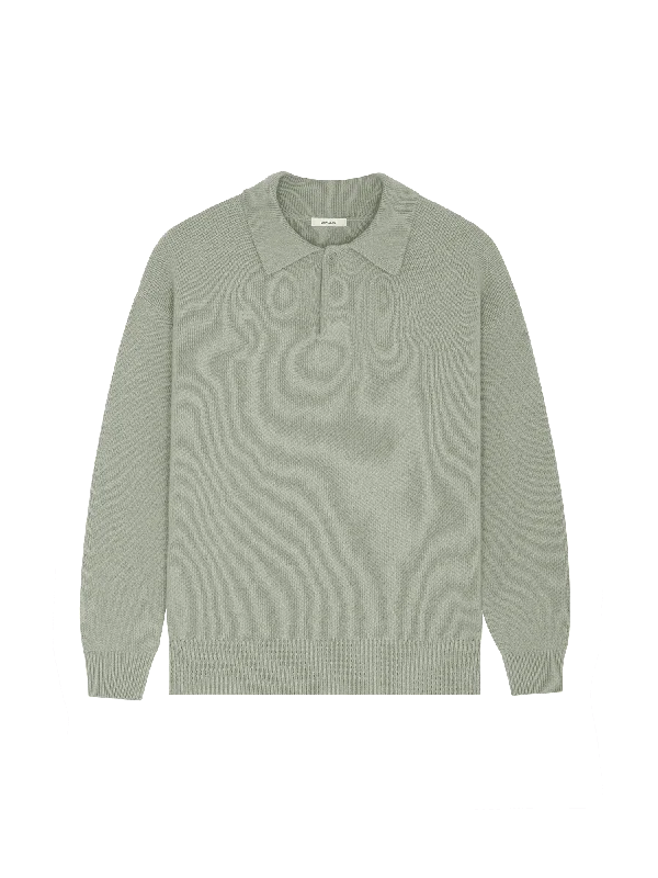 Womens DNA Recycled Cashmere Polo Sweater—moss green Solid Print Embellished