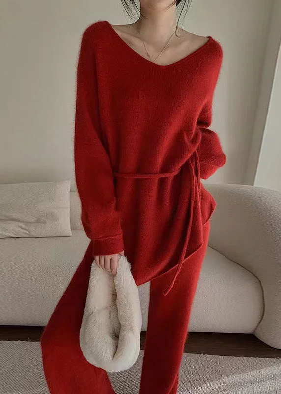 Fashion Red Sweaters And Pants Knit 2 Piece Outfit Fall Front Pockets Side Pockets Patch Pockets