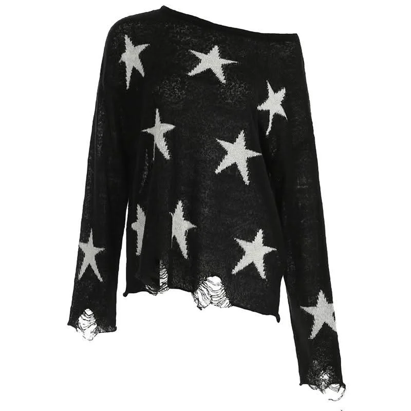 Five-pointed star pattern long sleeve sweater top Collared Crew Neck Turtle Neck