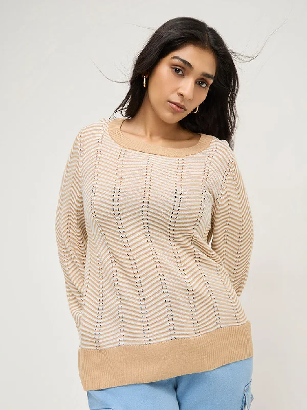 Gia Beige Chevron Textured Sweater Soft Cozy Warm