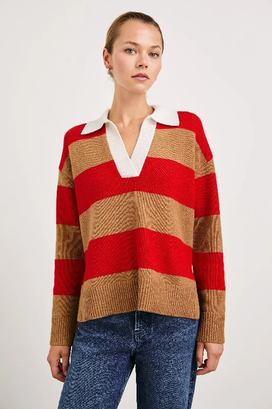 HARRIS SWEATER - CHERRY CAMEL STRIPE Solid Print Embellished