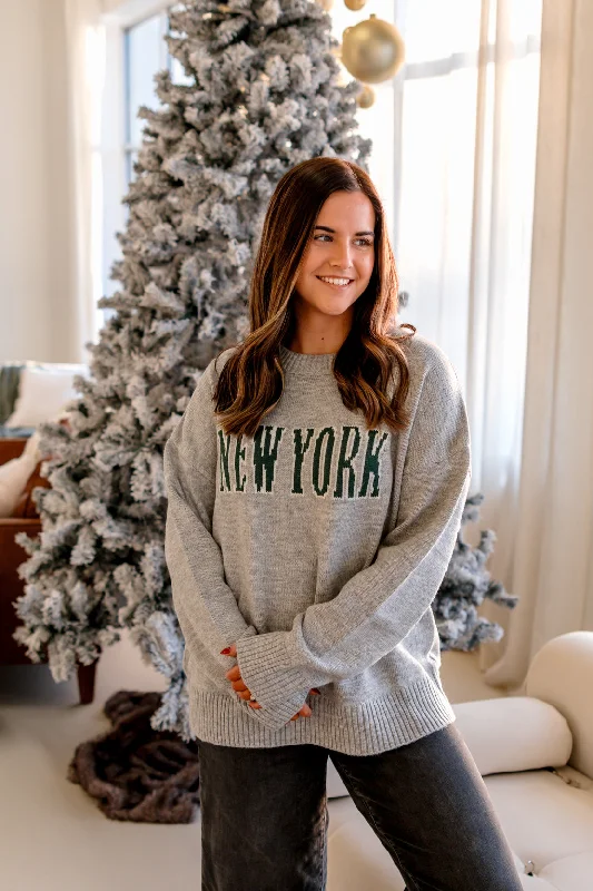 New York Knit Sweater | Heather Grey Embroidered Appliqued Beaded