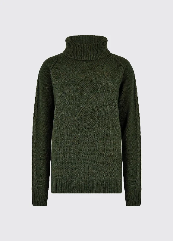 Belleek Chunky Roll Neck Sweater - Olive Ribbed Striped Patterned