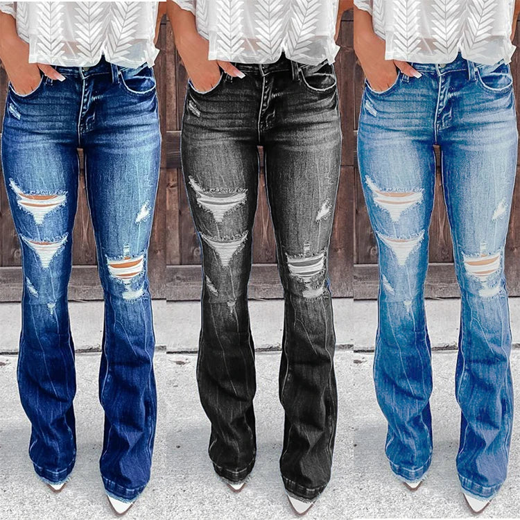 ladies distressed jeans pants ropa de mujer women skinny ripped denim jeans bootleg trousers Classic Slim Fit Jeans