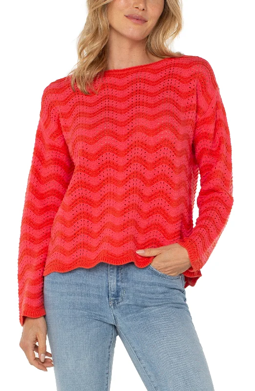 Liverpool Long Sleeve Boat Neck Scallop Hem Sweater (Pink/Red Stripe) Notch Collar Peter Pan Collar Cowl Neck