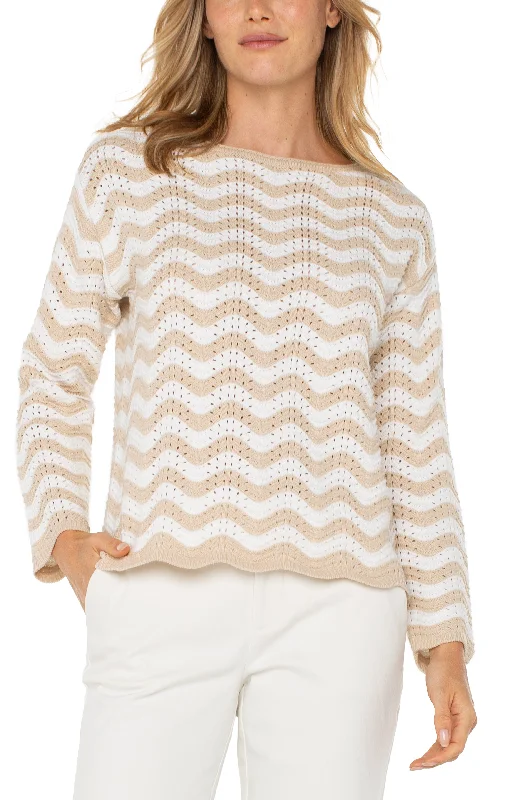 Liverpool Long Sleeve Boat Neck Scallop Hem Sweater (Tan Ivory Stripe) Boat Neck Shawl Collar Notched Collar