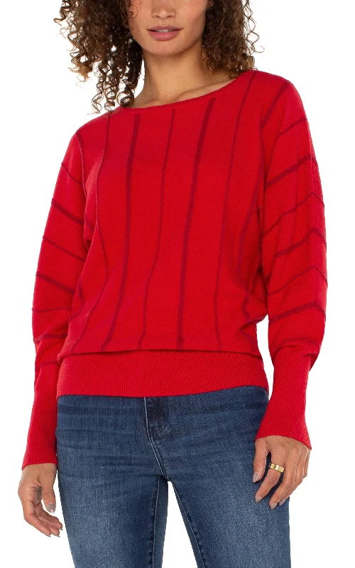 Liverpool Long Sleeve Dolman Sweater with Stripe (Tango Red) Sequined Glittery Shiny