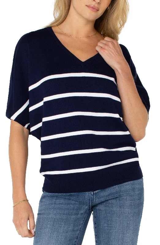 Liverpool Short Sleeve Dolman V-neck Sweater (Navy White Stripe) Toggled Drawstring Belted