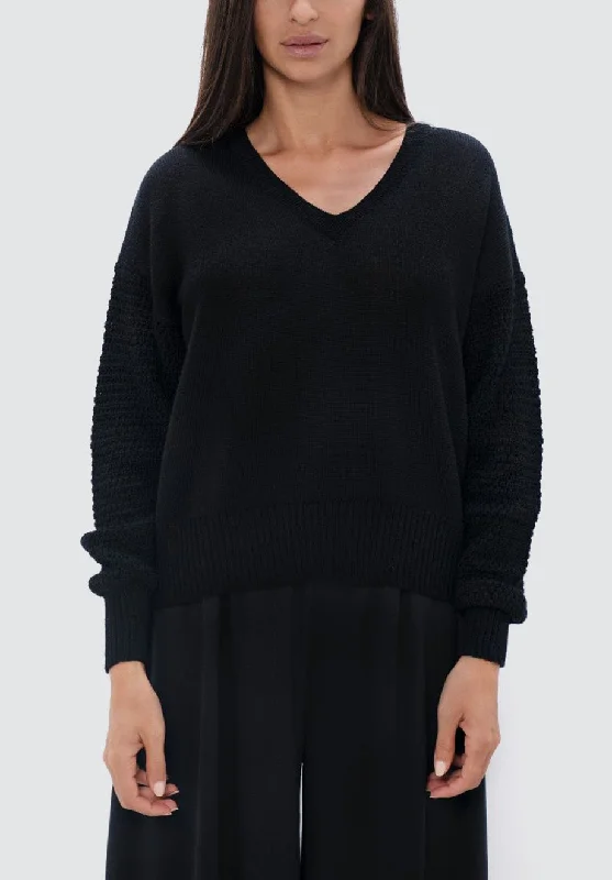 Nagano MMJ - V-Neck Sweater | Licorice Solid Color Striped Floral Print