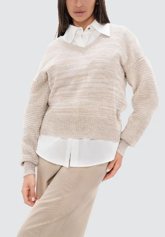 Nagano MMJ - V-Neck Sweater | Sand Marl Ribbed Striped Patterned