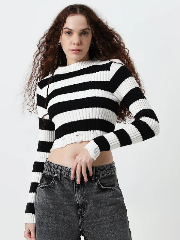 Nuon Black & White Striped Knitted Cropped Sweater Jersey Fabric Tulle Fabric Batik Fabric