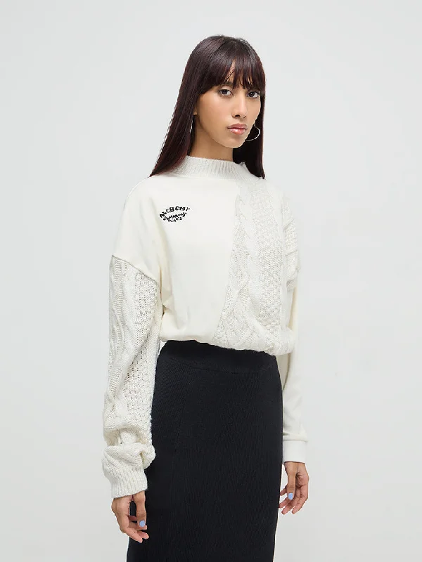 Nuon Off-White Cable Knitted Sweater Rayon Fabric Velvet Fabric Corduroy Fabric