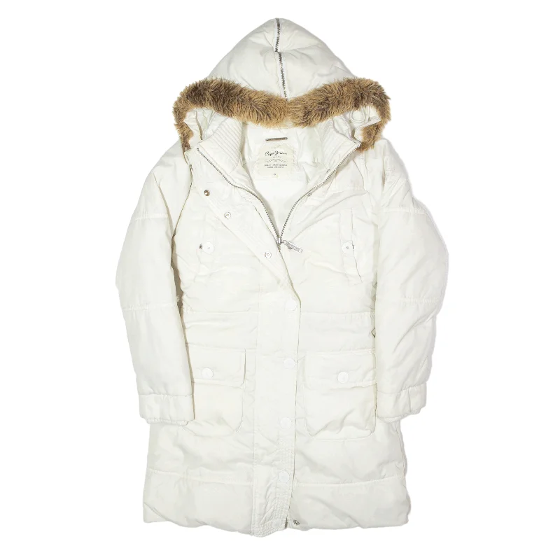 PEPE JEANS Down Insulated Parka Style Puffer Coat White Womens S Elegant Raw Hem Jeans