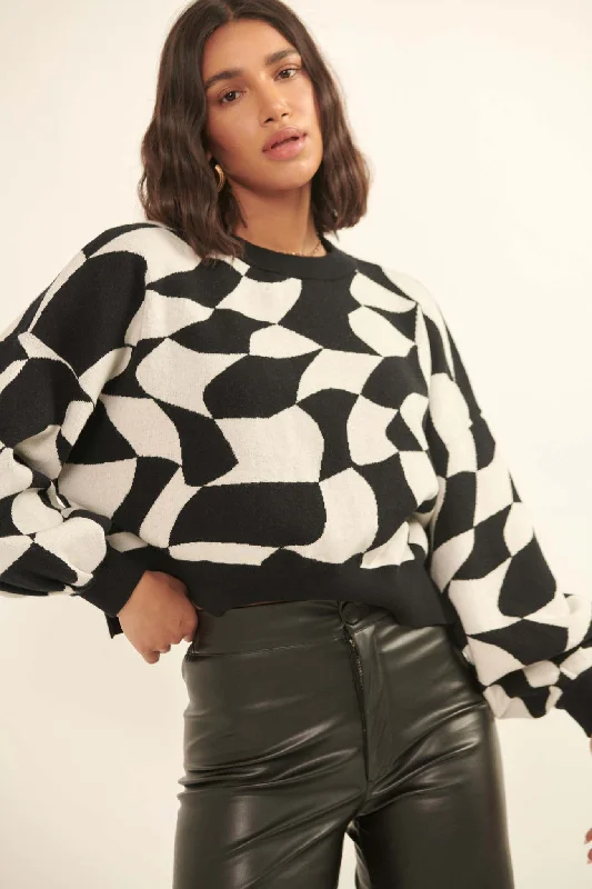 Queen's Row Abstract Checkerboard Sweater Stylish Fashionable Trendy