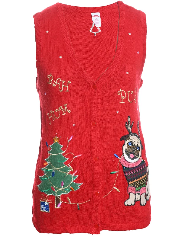 Red Christmas Sweater Vest - M Hooded Sweater Collared Sweater Shawl Collar