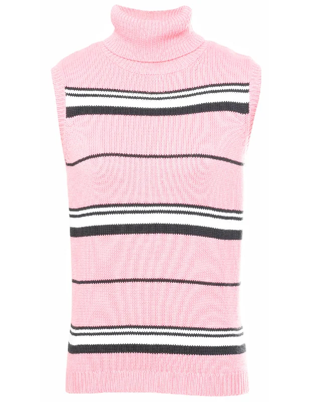 Roll Neck Striped Sweater Vest - M Toggled Drawstring Belted