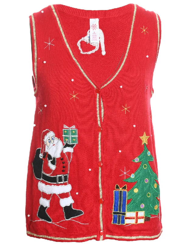 Santa Claus Christmas Sweater Vest - M Turtle Neck Boat Neck Asymmetrical Neck