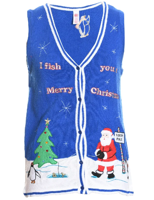 Santa Claus Design Blue Knit Christmas Sweater Vest - S Cable Knit Ribbed Knit Lace Knit