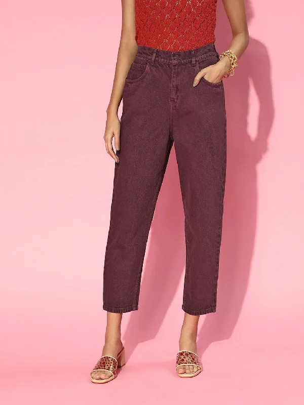 Women Burgundy High Waist Mom Fit Jeans Elegant Wide-Leg Jeans