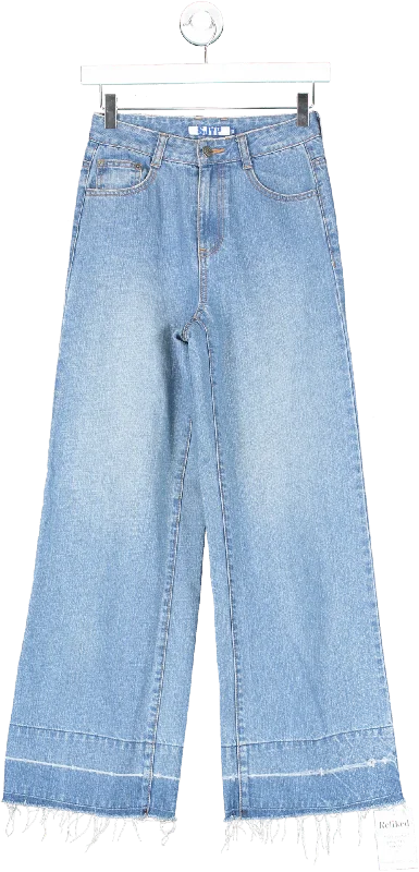 SJYP Blue Wide Leg Raw Hem Jeans UK XS Fashionable Raw Hemmed Jeans