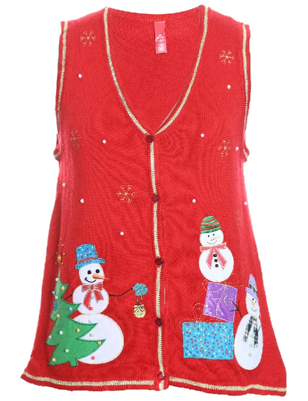 Snowman Design Red Embroidered Christmas Sweater Vest - M Open Front Closed Front Wrap Front