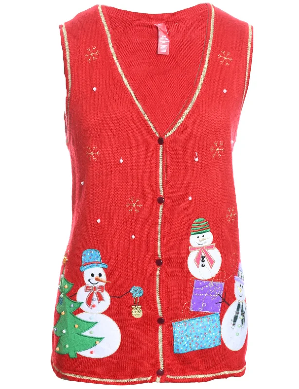 Snowman Hooded Christmas Sweater Vest - L Slim Fit Regular Fit Oversized