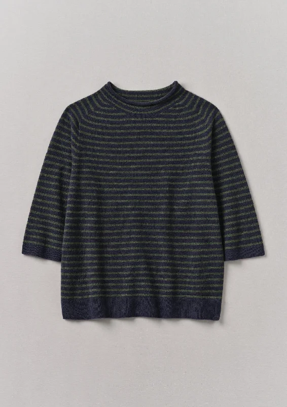 Stripe Wool Cashmere Half Sleeve Sweater | Dark Navy/Olive Handmade Hand-knitted Hand-woven