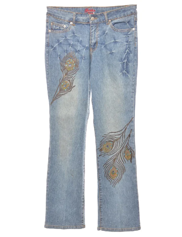 Studded Printed Bootcut Jeans - W30 L31 Trendy Cut-Off Denim Shorts