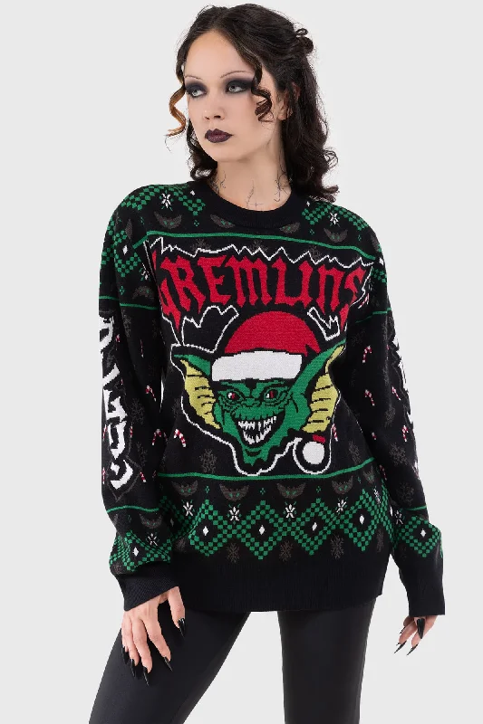 The Gremlins Are Coming Sweater Boat Neck Shawl Collar Notched Collar