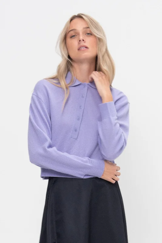 Washable Cashmere Easy Polo Cropped Sweater, Lavender Elasticated Padded Insulated