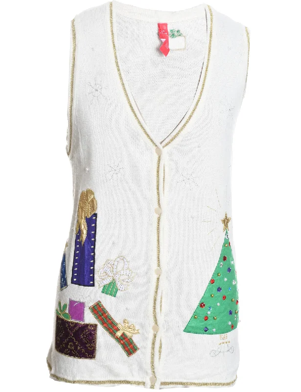 White Christmas Sweater Vest - L Beaded Sweater Sequined Faux Fur