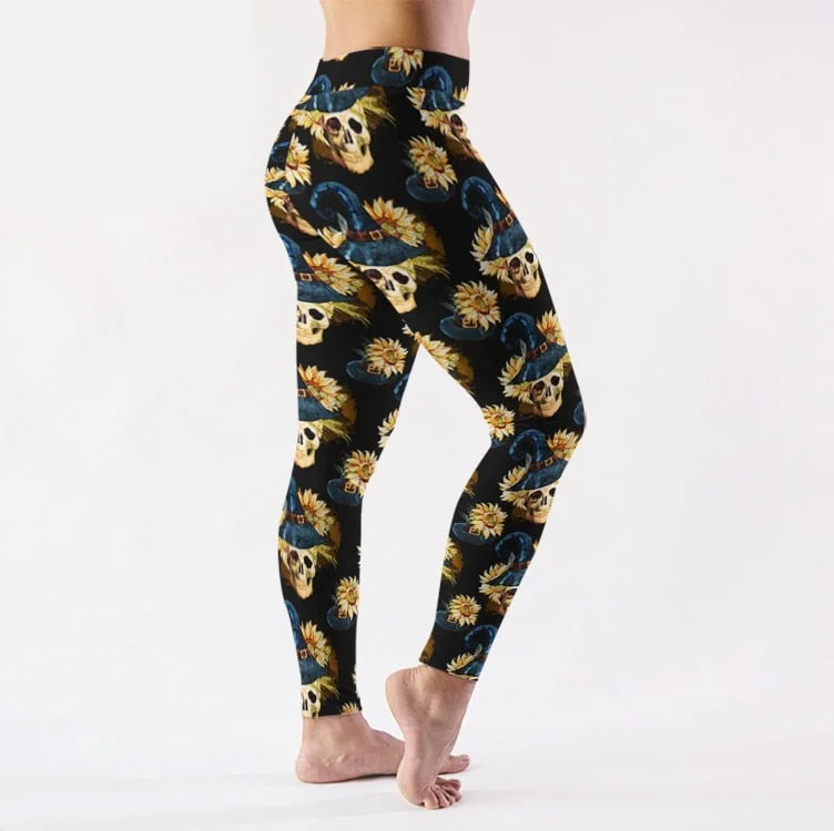 Ladies Witches Hats On Skulls & Sunflowers Digital Printed Leggings Fashionable Solid Color Tights Ladies Witches Hats On Skulls & Sunflowers Digital Printed Leggings Fashionable Solid Color Tights