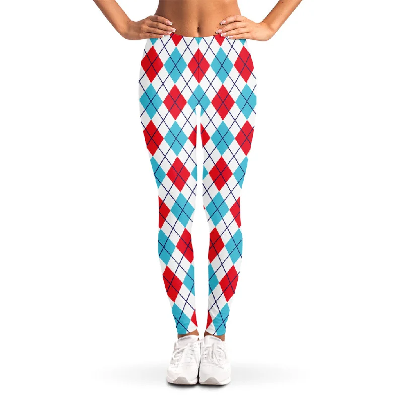 White Red And Blue Argyle Pattern Print Women's Leggings Trendy High-Compression Leggings White Red And Blue Argyle Pattern Print Women's Leggings Trendy High-Compression Leggings